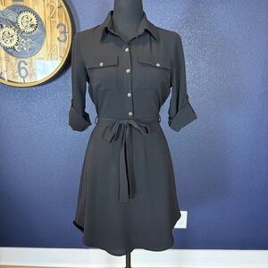 Monteau Black Crepe Shirt Dress with Roll-tab Sleeves and Tie Belt | Size Small